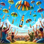DALL·E 2023-11-21 08.53.41 - A lively scene featuring parachuting beers and party people. Several beer bottles, each with its own colorful parachute, are descending from a bright .png